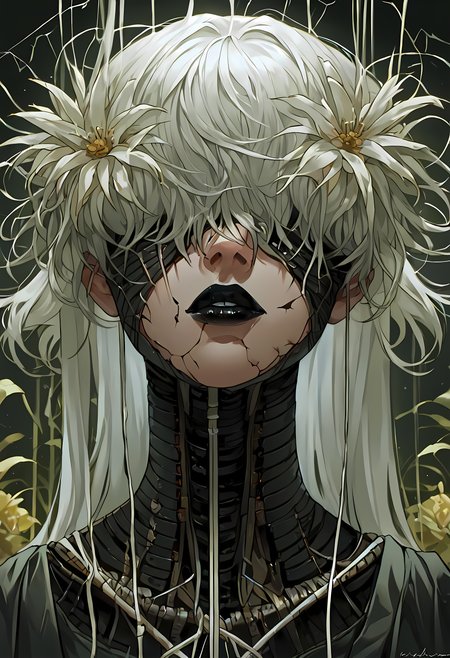 score_9, score_8_up, score_7_up, score_6_up, score_5_up, score_4_up,   <lora:cr34tur3g0r3XLP:0.8> cr34tur3g0r3, 1girl, flowers, cyborg, wires, broken, white hair, messy hair, hair covering eyes, hair over eyes, blunt bangs, black lipstick, robot