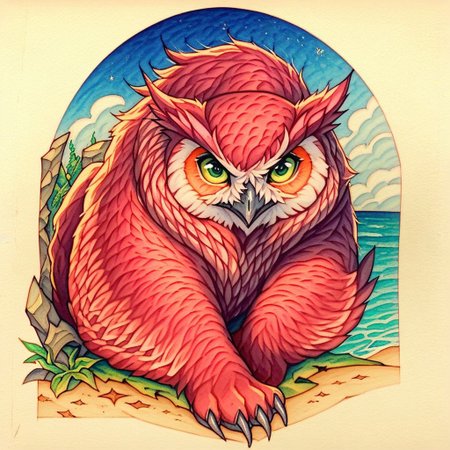score_9, score_8_up, score_7_up, oblivionarts, owlbear, feral, owl's head, bear's body, green eyes, red fur, beach background, traditional art, medieval aesthetic, best quality, detailed, masterpiece, Expressiveh