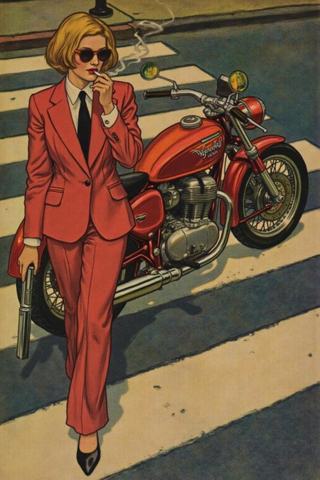 shippengreen1 illustration. 
Overhead shot of an Blonde woman walking away from a futuristic motorcycle parked at a zebra crossing. The woman has bob hair, is smoking. She wear a red business suit, white shirt, black tie, and sunglasses. She holds a gun with a confident grip. The motorcycle itself is red, sleek and metallic, with intricate designs and a futuristic vibe 
 <lora:shippengreen1_cap_d6a3:1.0><lora:837361087897827043:0>