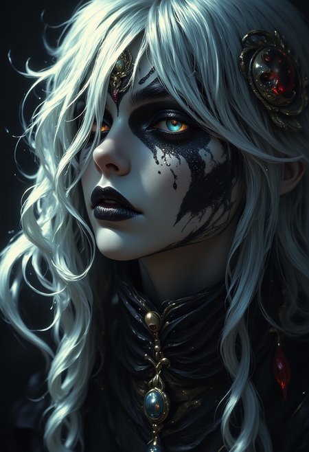 ArsMJStyle, dnddarkestfantasy, portrait of beautiful oriental female shaman, white hair with skull-themed hair ornaments, black and white face paint in a skull fashion, burning bright eyes. Perfect Composition, realistic photographic image, RAW photo highest quality, perfect directional lighting, highly detailed face, dark eye-shadow, high contrast, viewed from side