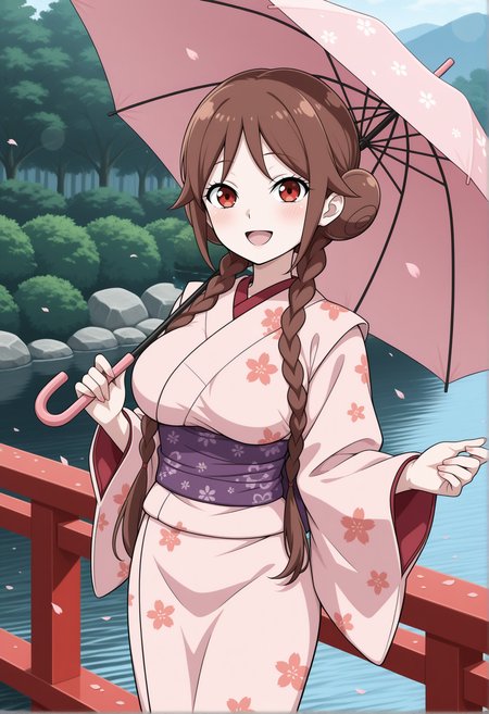 masterpiece,best quality,amazing quality, (aged up:1.2), anime coloring, flat colors,
<lora:NoobV065sHyperDmd:.5>,
 <lora:tachibana_yuzuki_meipaws:1> 1girl, floral print, japanese clothes, holding umbrella, pink kimono, smile, brown hair, river, outdoors, purple sash, hair bun, bridge, open mouth, :d, twin braids, print kimono, looking at viewer, water, day, blush, double bun, railing, wide sleeves, pink umbrella, red eyes, standing, long sleeves, lens flare, braided bun, bush, petals, stream, parasol, pond, breasts, low twin braids