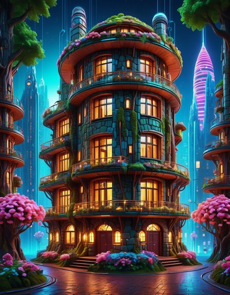 cyberpunk cityscape, high quality, masterpiece, forest scene, cute 3 storey stone round house, lots of windows, chimneys, flowers at the front, night time <lora:extremely_detailed:0.4> extremely detailed   <lora:BorkStyle:0.8> Jed-brk  <lora:CS3:0.8> Cyberspace, Digital Cyberspace theme, ((created by glowing magical energy in cyberspace)) , neon lights, dark alleys, skyscrapers, futuristic, vibrant colors, high contrast, highly detailed