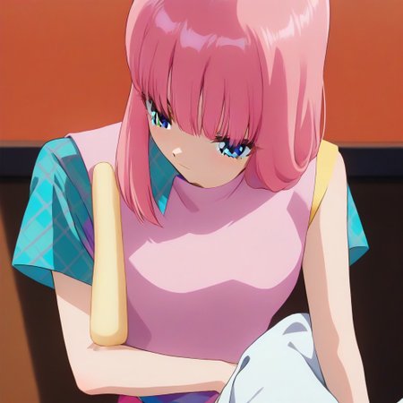 Nakajima Noriko, pink hair with bangs, blue eye, wearing a pink vest over a blue-green checkered shirt, white shorts,,