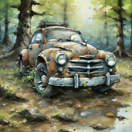 artmix04 old car in forest, very detailed<lora:artmix04:1>