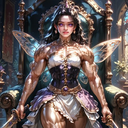 Action scene, detailed, photo realistic, hyper realistic, score_9, rating_safe, solo ((arch fey, violet eyes, (beautiful woman, white underbust corset, skirt, pants, sword belt, and holding a sword), ((huge muscles, small petite breasts, muscular thighs, muscular biceps, muscular shoulders, toned abs)), ((bronze metallic gold skin ral-polishedsteel)), (fairy wings), (long black hair))), (standing next to a multicolored crystal throne, in a detailed throne room filled with treasures, detailed lighting), hi res, hi quality, 4k, concept art, digital art, realistic, detailed background, lens flare, pixel art, piratical beauty, great lighting