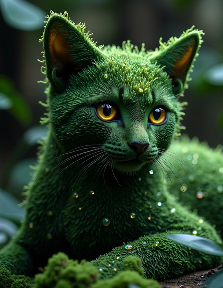 aidmamj6.1, 
A breathtaking bio-organic feline, its sleek form enshrouded in a dense, verdant layer of minuscule grass-like filaments, each strand glistening with delicate dew-like gemstones that shimmer in the dim ambient light. The cat’s piercing golden eyes hold a mesmerizing, almost supernatural intensity, as if reflecting the very essence of the forest itself. Scattered across its face, minuscule polished stones and opalescent water droplets refract a spectrum of deep blues and vibrant greens, their crystalline clarity adding a surreal level of depth to the creature’s ethereal design. Every intricate detail of its moss-coated visage flows seamlessly into the organic textures of its body, merging with the soft, blurred backdrop of dense foliage, creating an enchanting scene of nature’s harmony embodied within a living, breathing entity.
 <lora:aidmaMJ6.1-FLUX-v0.5:0.6>