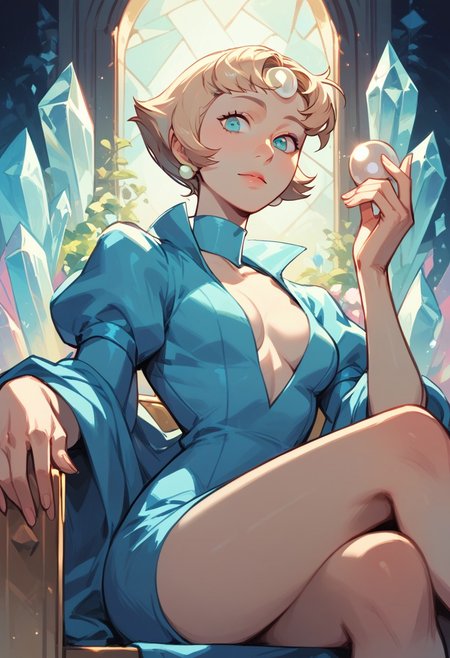 score_6_up, score_5_up, score_9, score_8_up, score_7_up, 1girl, solo, Pearl, blond hair, blue eyes, pointy nose, wearing a light blue dress, open chest, showing cleavage, sexy pose, sitting on a crystal throne, legs crossed, holding a silver crysyal in one hand, looking at viewer. Incorporate bold colors, intricate details. The mood is sophisticated, with both characters exuding confidence and style. with a simple crystal castle background, dramatic lighting and shadow bouncing off the characters. from below.