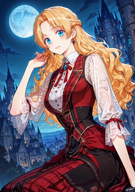 <lora:Athanasia_r1:1>
1 girl, solo, princess, blue eyes, blonde hair, long hair, wavy hair, french braid, bangs, parted bangs
White lace blouse, high collared, frilly lace detailing, Plaid Bodice, ribbon red and black, red and black Fitted Sleeveless Vest, Long Plaid Skirt, Layered Design, earrings, red hair ribbon
score_9, score_8_up, score_7_up, very aesthetic, source_anime, detailed, high quality, beautiful, masterpiece, detailed eyes, castle, village, blurry background, cityscape, pose dynamic angle, looking at viewer, light smile, open mouth, hand on hair, sitting, night, blue moon, <lora:iLLMythG0thicL1nes:1>