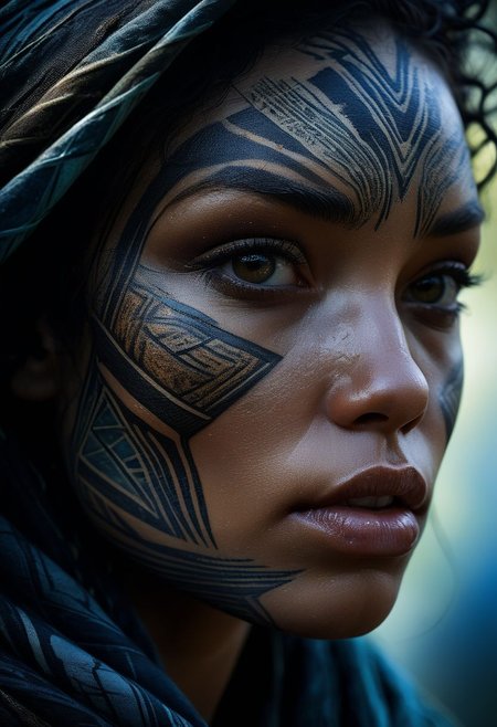 Close-up face, mysterious silhouette of a maori woman in worn down cloth, goddess, alluring, by Minjae Lee, Carne Griffiths, Emily Kell, Steve McCurry, Geoffroy Thoorens, Aaron Horkey, Jordan Grimmer, Greg Rutkowski, amazing depth, double exposure, surreal, geometric patterns, intricately detailed, bokeh,  perfect balanced, deep fine borders, artistic photorealism , smooth,  great masterwork by Suiras  <lora:add-detail-xl:2>  <lora:Double_Exposure:0.5>