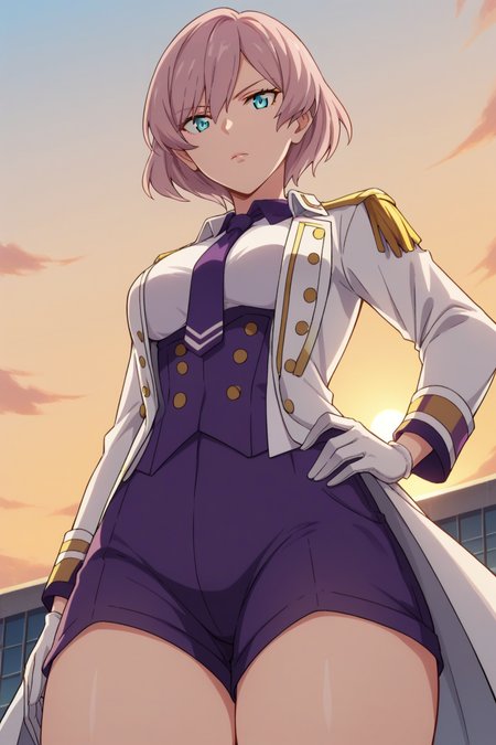 score_9, score_8_up, score_7_up, source_anime, 1girl, prefect lighting, very aesthetic, intricate details, highly detailed background, masterpiece, high quality, prefect hands, best quality, solo, 
<lora:Mujina_SSSS.Dynazenon_V1:.85>, KJOmujina, short hair, pink hair, blue eyes, thick thighs, 
navy coat, long sleeves, white gloves, purple shorts, white collared shirt, purple collar, purple tie,
hand on own hip, serious, looking at viewer, from below, dutch angle, 
rooftop, sunset, 
(Beautiful, medium Breasts:1.2), natural breasts,