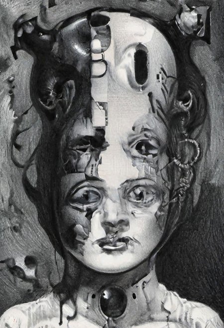 Monochrome black and white, Giger, Beksinski, Zawadzky, Dali, Magritte, Delvaux, Bellmer, Malevitch, Rodchenko, Mondrian, Kandinsky, Popovna, psychedelic hallucination, pop surrealism, rough crosshatch drawing pop art Lunatic_Portrait of a young woman in latex Avant-garde Fashion page, slick back, low bun, black makeup, sinister expression, intense glare, avant-garde, abstract, weird, geometric, constructivism, suprematism, rayonism, verticism, lineism, tj, Avant-garde Fashion page, Lunatic_Portrait, pop surrealism, pop art, drawing, painting, tj, JimmyAlonzo, Surreal psychedelic bizarre, pencil, drawing,  by Brian Selznick, JuggernautNegative, jorg karg, Mila Jovovich face