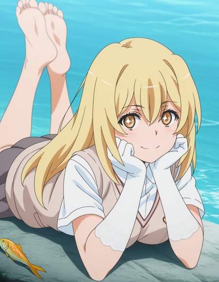 masterpiece, best quality, amazing quality,, <lora:misaki-shokuhou-s3-illustriousxl-lora-nochekaiser:1>, misaki shokuhou, blonde hair, hair between eyes, long hair, symbol-shaped pupils, yellow eyes, mature female, breasts, anime screencap, elbow gloves, gloves, school uniform, short sleeves, summer uniform, sweater vest, tokiwadai school uniform, white gloves, light brown sweater vest,, river, flowing, fish, banks, current, smile, the pose, on stomach, feet up, lying, soles, feet, legs up, head rest, barefoot, looking at viewer, solo,, cowboy shot, solo