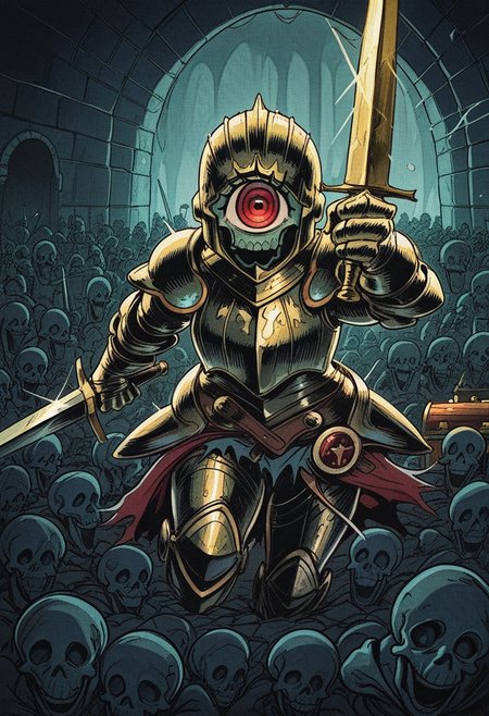 813nm0hstyle,   masterpiece, best quality, solo,                                                                                                                                                                                                                                                    one eye cyclops, iron armor, holding sword, , anger, surrounded by skeletons, fantasy dungeon, cobble,  treasure chest, 