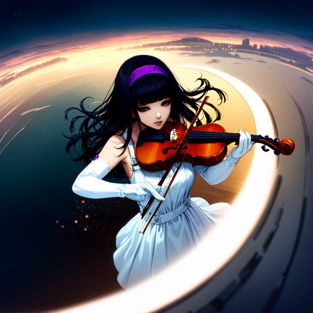 masterpiece, best quality, very aesthetic, yuriko, long hair, black hair, blunt bangs, gloves, black eyes, white gloves, lips, dress, hairband, elbow gloves, bare shoulders, motionless,playing instrument, violin, bow \(music\), holding violin, outdoors,sky, wind, Wide Shot, From Above,From Above, The overall scene should have a dark and gloomy atmosphere, with the main tone being violet red. City Lights Lighting,meteors shower