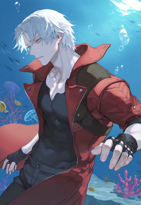 masterpiece, best quality, very aesthetic, high resolution, ultra-detailed, absurdres, newest, extremely detailed eyes, beautiful, perfect lighting, hi res, amazing quality, NEWTRVL_ST, solo, 1boy, white hair, male focus, pale skin, coat, fish, bubble, underwater, air bubble, swimming, jellyfish, coral, diving, dante \(devil may cry\)
