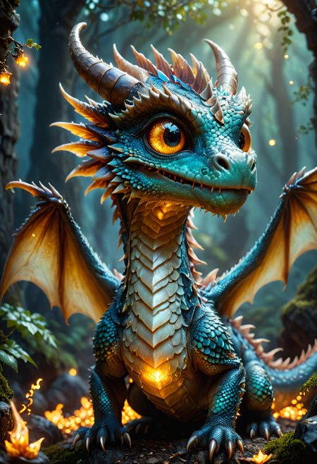 realistic photography a cute magical dgbrth1 dragon with burning eyes in an enchanted wonderland, beautiful whimsical fantasy art concept, detailed background, glowing particles, intricate details, ultra sharp, realism, <lora:dgbrth1_train_lora_vL1:0.8>