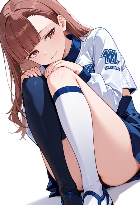 masterpiece,high quality details, absurdres,
<lora:Nagisa_Satou:0.8>
nagisa_cnr, 1girl, brown hair, long hair, blunt bangs, asymmetrical bangs, brown eyes,, simple background, white background, dynamic angle,solo,, seductive smile,scared,, seated with knees drawn up,one foot up,hands on knees,, cropped jacket ,shrug clothing,high-waist skirt,  ,mismatched legwear kneehighs,