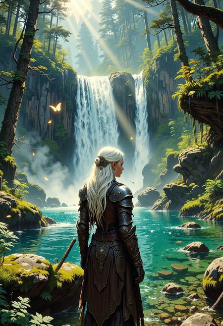 in the style of ck-ovf, a dark elf forest warrior woman, dark skin, white hair, sidelocks, bangs, dark eyeshadow, circlet, wearing a skimpy hide tunic, cleavage, facing viewer, standing in a lush, green forest in front of a towering waterfall cascading into a crystal-clear pool surrounded by dense, moss-covered rocks and tall, ancient trees.   The sun casts god rays, and butterflies fly languidly in the air