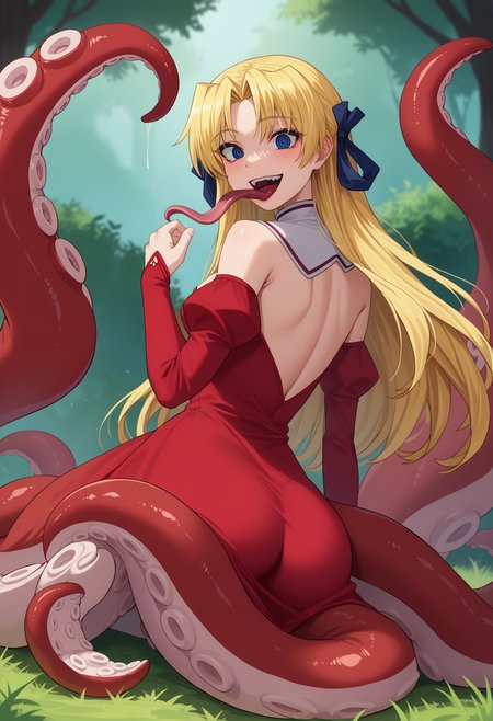 score_9, score_8_up, score_7_up, source_anime, rating_explicit,
BREAK
<lora:shiTentV1:1>,
shihybridcle, tentacle girl, tentacles, tentacle hair, monster girl, suction cups, scylla, 
1girl, solo, 
<lora:shiCampEricaV1:0.9> shiericadress, long hair, blonde hair, blue eyes, hair ribbon, long sleeves, red dress, cleavage, bare shoulders, detached sleeves, detached collar, frills,
kneeling, from behind, ass, ass focus, laughing, crazy eyes, crazy smile, tongue out, long tongue, 
outdoors,