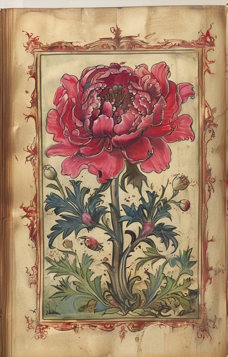 masterpiece,best quality,<lora:tbh207-sdxl:0.9>,illustration,style of Aberdeen Bestiary decaying peonies