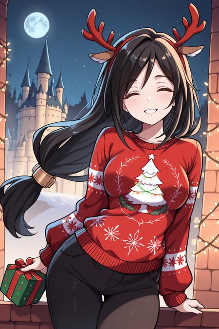 masterpiece, best quality, 1girl, solo,  <lora:ffgarnet-illu-nvwls-v1_1-000007:1> ffixgarnet, black hair, low-tied long hair, medium breasts, fake antlers, christmas lights, castle, night, moon, looking at viewer, happy, red sweater, christmas sweater, black pants, hips, holding gift box, closed eyes