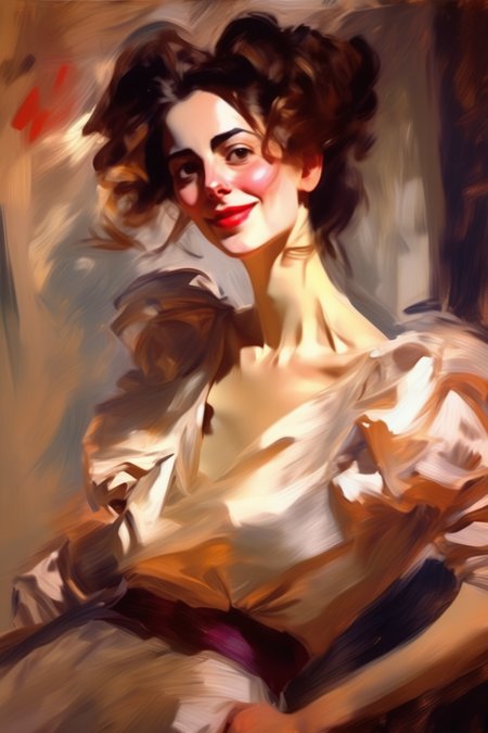 <lora:Lovis Corinth Style:1>Lovis Corinth Style - A portrait of a good looking woman with flirting attitude painted in the style of John Singer Sargent.. Oil on canvas. Dynamic lighting