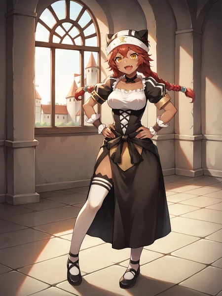 score_9, score_8_up, score_7_up, score_6_up, score_5_up, score_4_up, BREAK, source_cartoon, source_anime, 1girl, solo, lupusregina, red hair, long hair, twin braids, yellow eyes, dark skin, choker, dress, hat, white thighhighs, full body, hands on hips,  open mouth, fang, looking at viewer, indoors, old castle background  <lora:LupusReginaXL:1>