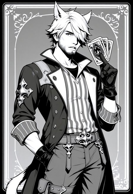 masterpiece, best quality, 1LLUSMJ7, 1boy, male focus, solo, facial hair, gloves, holding, animal ears, hand in pocket, hair over one eye, card, cat ears, miqo'te, cat boy, short hair, jacket, black gloves, jewelry, cowboy shot, belt, beard, monochrome, looking at viewer, parted lips, striped, stubble, pants, shirt