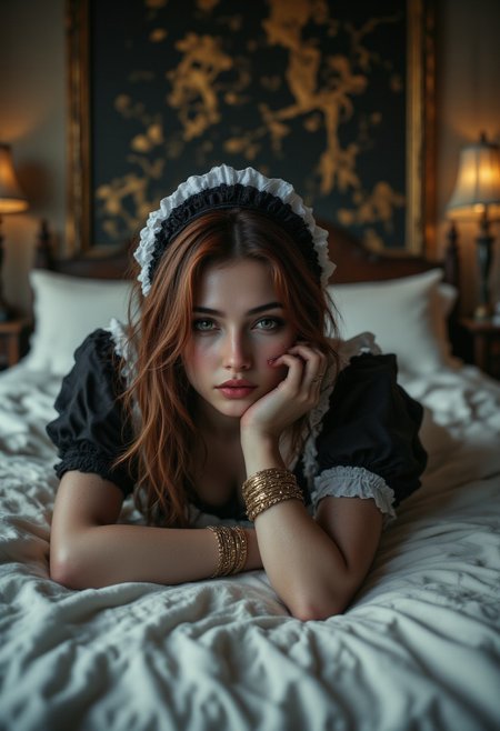 This 8K RAW editorial photo is a hyper-realistic 4K masterpiece, rendered with intricate detail and ray tracing, showcasing a young woman in a sultry pose. Shot from a low angle with a 50mm lens and cinematic depth of field, the ultra-high-resolution (1.1) image captures the exquisite curves of her body in an Jed-frmd , French Maid , A short, frilly black dress with white apron,  fishnet stockings, black heels. Her olive complexion, long straight brown hair, delicate build, and sensual face—adorned with a small nose stud and full lips—are rendered with photorealistic perfection (1.1), echoing the styles of Jed-clrfl, aidmafluxpro1.1, and aidmaMJ6.1. Large emerald eyes that twinkle with mischief, high cheekbones, freckles, and long lashes accentuate her lustful features. A gentle smile reveals a playful dimple as she sensually gazes at the viewer from the bed. A playful undressing is subtly depicted, revealing shimmering body jewelry. The close-up, framed by an artistic border against a dynamic, abstract background, utilizes cinematic lighting, dramatic lighting, shallow depth of field, bokeh, and film grain, creating a high-budget, cinemascope aesthetic.