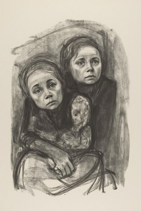 kako1 black and white charcoal drawing. Three children, in a somber, contemplative mood. The drawing is rendered in a loose, expressive style with a focus on capturing the emotional depth and facial expressions.  <lora:kako1_litho_nocap_d6a3:1.0><lora:814762202641896443:0>