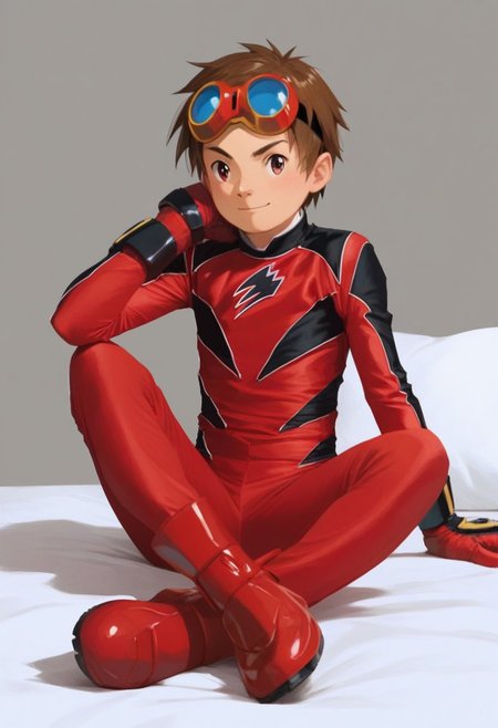 score_9, score_8_up, score_7_up, zPDXL2, 
1boy, solo, goggles on head, brown hair, 
,sitting on bed,
geki red, red bodysuit, black markings,   red gloves, red boots,