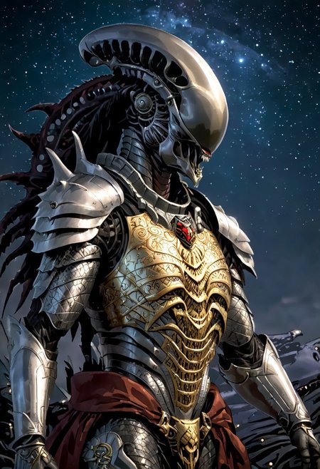 An insanely Detailed Divine Xenomorph, Golden and silver in color, cyberpunk, a crimson tinge to the golden color, Hyperdetailed, Omnipresent, Beautiful, Sinister overtones, otherworldly,((masterpiece, best quality)), fantasy, solo, 1 alien knight, silver armor chestplate with silver medieval ornaments and runes, galactic night sky background, perfect composition, sidelighting, outdoor,