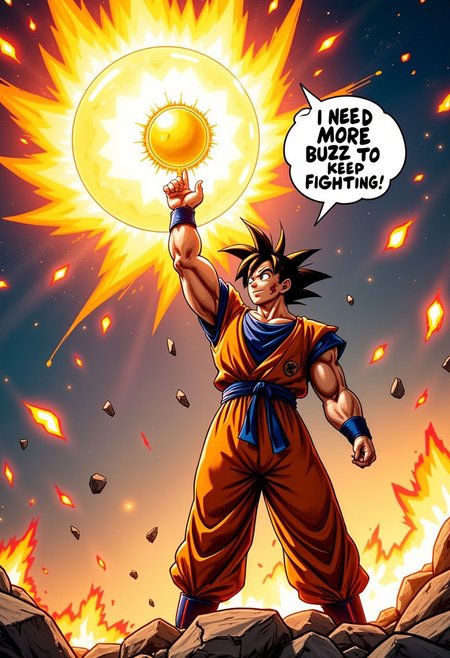 Goku from dragon ball with his arm raised casting a huge ball of energy, he is battered and hurt and is saying in a bubble chat "I NEED MORE BUZZ TO KEEP FIGHTING "