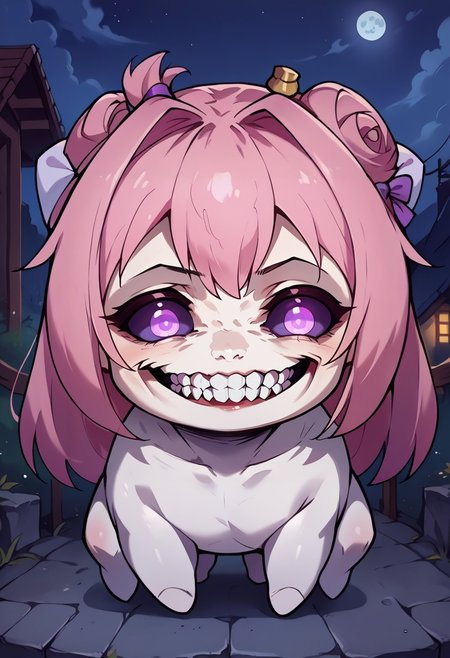 score_9, score_8_up,score_7_up,score_6_up, source_anime,night,doro, creature, :3, chibi, pink hair, purple eyes, hair bun, hair bow, no humans, white skin, four legs, solid circle eyes, no pupils
solgo, sharp teeth, evil grin, black sclera, glowing eyes,
<lora:Solgo-grin-v1-potat:1> 
<lora:Doro_X_PDXL_V1:0.8>