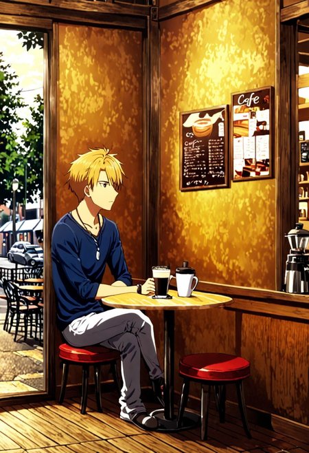 high resolution, solo, best quality, 1Boy, Yamato Ishida, Blond Hair, Necklace, cafe, corner, sit, casual, coffee, waiting, wide mirror, outside view, OverallDetail