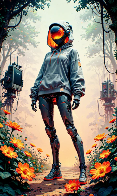 masterpiece, best quality, amazing quality, very aesthetic, absurdres, newest
stylized anime illustration, high-detail digital painting
humanoid robot, computer monitor for a head, wearing oversized gray hoodie, holding a vibrant orange flower, dynamic pose, hips slightly turned
blend of organic and mechanical elements, delicate pose, intricate wiring, soft fabric folds, warm color palette, contrast between technology and nature
solid backdrop, minimalistic composition, dappled light, subtle shadows, clean and modern
in the style of cksc, in the style of cknc, in the style of ck-rw <lora:reij-detaILer v2:0.4> <lora:spo_sdxl_10ep_4k-data_lora_webui:0.8> <lora:ck-shadow-circuit-IL-000012:0.5> <lora:ck-nc-cyberpunk-IL-000011:0.4> <lora:ck-neon-retrowave-IL-000012:0.3>