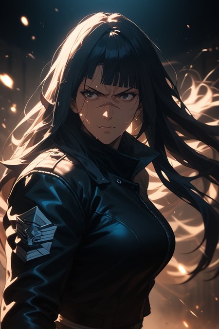 <lora:Expressive_H-000001>,<lora:modern_anime_screencap_v1_0:0.8>,source_anime,score_9,score_8_up,score_7_up,score_6_up,Volumetric Lighting,Cinematic Lighting,dark theme,dark background,low light,arena,looking ahead,
1girl,solo,<lora:age_slider_v4:1.4>,(mature female:1.2),tall female,dark blue hair,straight hair,long hair,full bangs,asymmetrical bangs,blunt bangs,black eyes,pale skin,medium breasts,angry,sweat,from side,leather jacket,long sleeves,high collar,black multicolored legwear,steam,depth of field,scar on face,scar across eye,raised fists,fighting stance,punching,