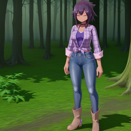 high quality, absurd resolution, 4k, score_7_or_higher, good eyes, vivid image,
1girl, himari_digimon, tan skin, purple hair, purple eyes, flannel shirt, jeans, brown boots
forest, digital artifacts, large capacitors,
