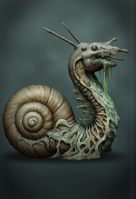 MikeFranchinastyle, berserk style, Surreal art, d4artstyle, d4concept, , made of clay, Kentaro Miura, ZBClay model of a gray sculpture
 a monstrous snail-lizard hybrid with a blend of reptilian aggression and snail-like adaptability. The creature has a slimy, muscular body that coils like a serpent’s, ending in a large, spiral shell on its back, which provides a hardened, protective structure. Its head is distinctly lizard-like, with a wide, gaping mouth filled with sharp, needle-like teeth that ooze a viscous green slime. The creature’s long, forked tongue lashes out menacingly, suggesting a venomous or toxic nature.
Two protruding eye stalks extend from the top of its head, each ending in a bulbous, alert eye that gives it an eerie, watchful presence. Its skin is slick, covered in a mix of scales and slimy, green mucus, allowing it to move with unsettling fluidity while leaving a toxic trail behind. The underbelly is ribbed and segmented, allowing it to contract and expand as it slithers forward. This creature embodies a dangerous mix of a lizard’s predatory instincts with the snail’s resilience, appearing both adaptable and deadly as it lurks in dark, damp environments.
Set against a solid color background to emphasize its unnatural form and grotesque anatomy. Background is fog-covered darkness tone that emphasizes its silhouette.
The medium is not a traditional painting or illustrative medium like watercolor or ink but rather a digital rendering, eerie and unsettling.