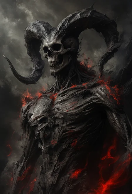 A towering creature with an ominous skull-like visage and long twisting horns emerges from the shadows, its muscular humanoid form is composed of dark greys and blacks, with stark accents of vivid red where the figure appears to disintegrate into embers and ashes, all against a moody backdrop of swirling dark reds, <lora:NicolaSamori:0.6>, <lora:Into_Darkness:0.4>, <lora:MJ52:0.3>
