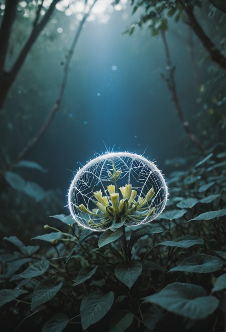 score_9, score_8_up, score_7_up  zPDXL3  (otherworldly spider) with a white smooth body, medium size, smooth legs , sparkling web, jeweled abdomen, located in a mystical garden, featuring enchanted plants, glowing webs, soft lighting, and a magical ambiance, at night  zPDXLrl