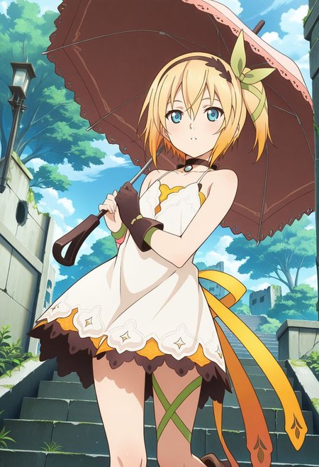 detailed eyes, beautiful, detailed background, perfect eyes,
source_anime, very aesthetic, anime coloring,
<lora:HandFineTuning_XL:1>
BREAK,
outdoor, ruins, trees. stairs,
cowboy shot, flat chest, 
dynamic angle, full body,
BREAK,
<lora:edna_illustrious_v01:0.9>
ednabase, short hair, blonde hair, multicolored hair, orange hair, blue eyes, hair between eyes, bow hairband, hair bow, hair ribbon, side ponytail,
white dress, sleeveless dress, single glove,
boots, leg ribbon, umbrella,