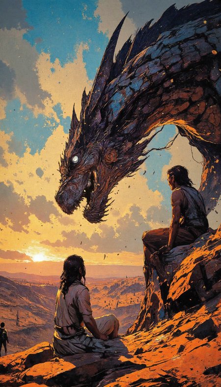 crayon,glow, An immense, tessellated dragon dominates the upper half of the composition, its head dipped towards a vista of sun-drenched desert plains. Two figures, draped in flowing garments, sit at the precipice, their gazes aligned with the dragon's, fixed on the horizon.  Utilize a palette evocative of crepuscular light, with cerulean blues bleeding into warm ochres and umbers. Employ a hyperrealistic style, capturing the  intricacies of the dragon's  dermal plates and the texture of the parched earth. The image should be a medium shot, employing a low angle to accentuate the scale of the dragon and the grandeur of the landscape.  The background should be rendered with meticulous detail, hinting at a narrative within the scene â perhaps remnants of ancient ruins or  spectral figures traversing the plains.