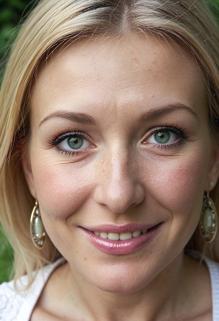 annabelle woman, mature woman, milf, 1girl, solo, portrait, earrings, jewelry, realistic, green eyes, looking at viewer, smile, old woman, blonde hair, lips, old, detailed skin  <lora:anabelle-remix-v3:1> (outdoors:1.2)