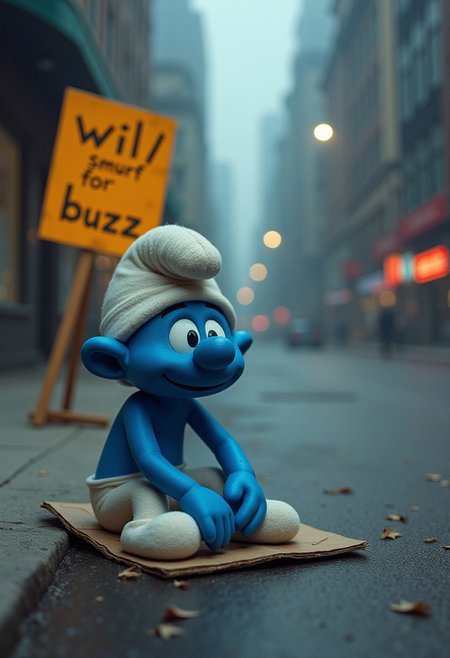 masterpiece, best quality, highly detailed, score_9, score_8_up, score_7_up, 
BREAK, 70mm lens, full-color photograph, shadows, cinematics lighting, volumetric lights, realistic lights, three quarter view, film grain, 
photograph of a tiny blue smurf, looking desolate, in an empty city, sitting on a piece of cardboard, a huge sign next to him that says "will smurf for buzz"