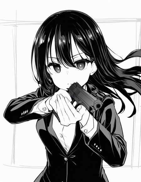 masterpiece, best quality, newest, absurdres, highres, safe,, <lora:saki-yoshida-manga-ponyxl-lora-nochekaiser:1>, saki yoshida, long hair, hair between eyes, monochrome, greyscale, black hair, medium breasts, <lora:center-axis-relock-stance-illustriousxl-lora-nochekaiser:1>, center axis relock stance, looking at viewer, holding, closed mouth, weapon, holding weapon, gun, holding gun, handgun, aiming, finger on trigger, aiming at viewer, m1911,, ,