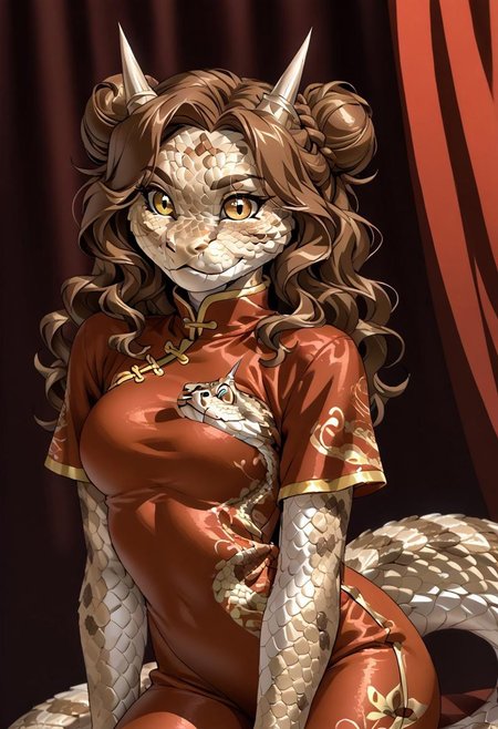 score_9, score_8_up, score_7_up, (by jailbird:1.5), (by kittydee:1.5), (by zummeng:1.5), masterpiece, best quality, (solo),  
(Furry Art: anthro: saharan horned viper:1.5), 1girl, expressive eyes, feminine eyes, <lora:beautiful_detailed_eyes:1>, perfect face, snake, reptile, horned eyebrows, scales, multicolored scales, light brown scales, brown spots, white scales, snake eyes, yellow eyes, (brown hair:1.5), (wavy hair), (chinese hair buns), medium breasts, (chinese style shirt:1.5), (tight pants:1.5),