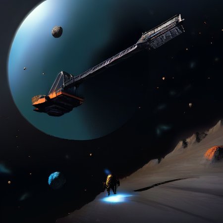 In the mining operation within Odysset's rings, massive platforms and interconnected structures sprawl across the cosmic expanse. Bright floodlights cut through the darkness, revealing workers clad in rugged space suits maneuvering among towering cranes and robotic arms. Transport vessels dart back and forth against the backdrop of the star-studded void, ferrying payloads of ore to processing facilities stationed on nearby asteroids. The scene is a symphony of activity amidst the celestial silence, with the distant glow of the planet Odysset providing a serene backdrop to the bustling industrial operation., BREAK, (sci-fi, futuristic, space, asteroid:1.4), BREAK, <lora:detailed_notrigger:1>,   <lora:Expanse_Science_Fiction_Comic_Style_SDXL:1> expnscom