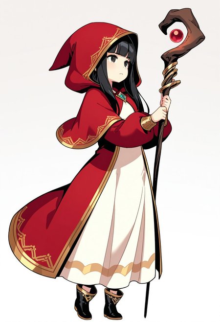 masterpiece, best quality, very aesthetic, absurdres, 
full body, solo, 1girl, anna \(fantasica\), apprentice witch, 
black eyes, black hair, long hair, blunt bangs, sidelocks, 
hooded capelet, red capelet, hood up, red robe, puffy long sleeves, white dress, long dress, gold trim, ankle boots, black footwear, 
holding staff, 
looking ahead, looking afar, standing, closed mouth, hands up, frown, 
wind, 
white background,