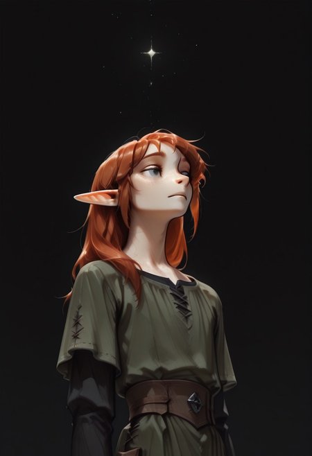 1person, (Lapanya), Malgha, freckles, 2 strands of hair sticking up, pointy ears, Long-sleeve black shirt, green tunic,
Low angle, looking around, floating, weightless, 
Black background, void background, empty space background,
Source: semi-realistic